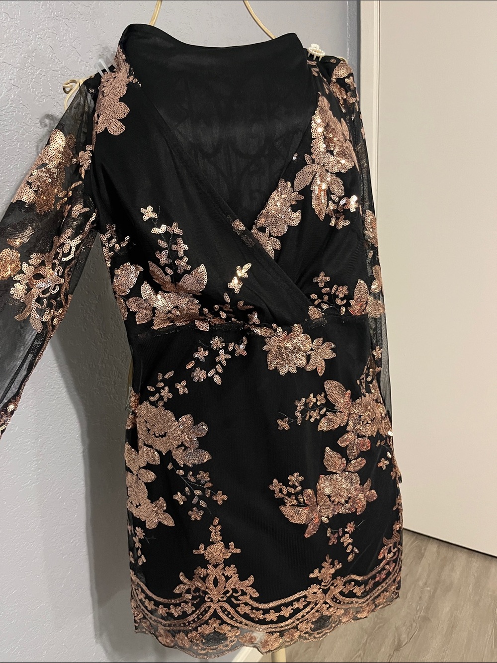 Black Long Sleeve Dress with Rose Gold Sequin Floral Embroidery